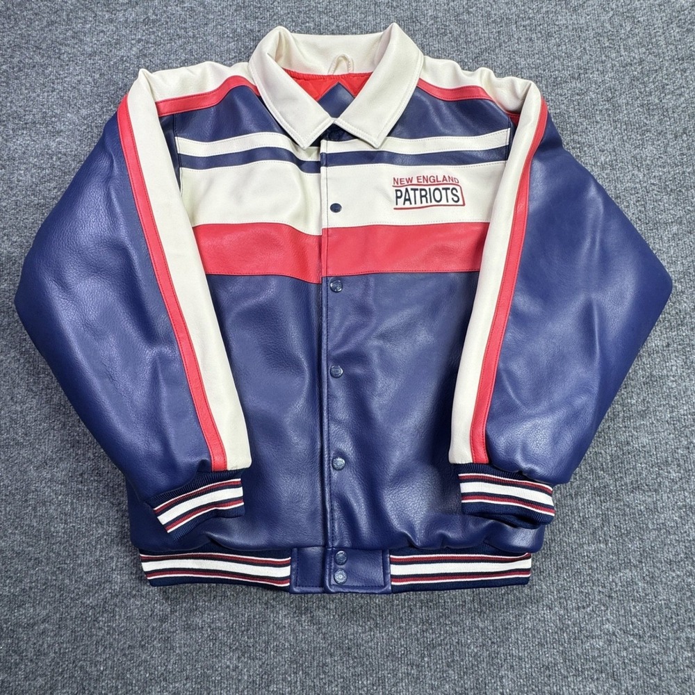 New England Patriots Mighty Mac Varsity Bomber Jacket Kids L 16/18 Blue‎ Leather
